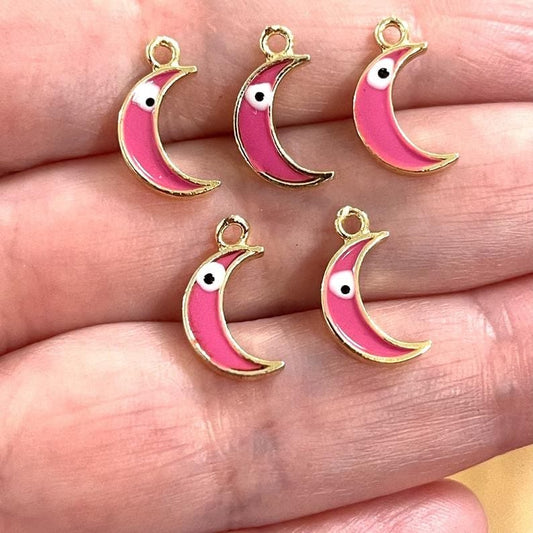 Gold Plated Enamel Evil Eye Crescent Hanging Attachment - Pink