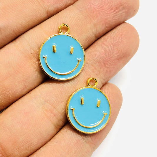 Gold Plated Enamel Smiling Face - Turquoise