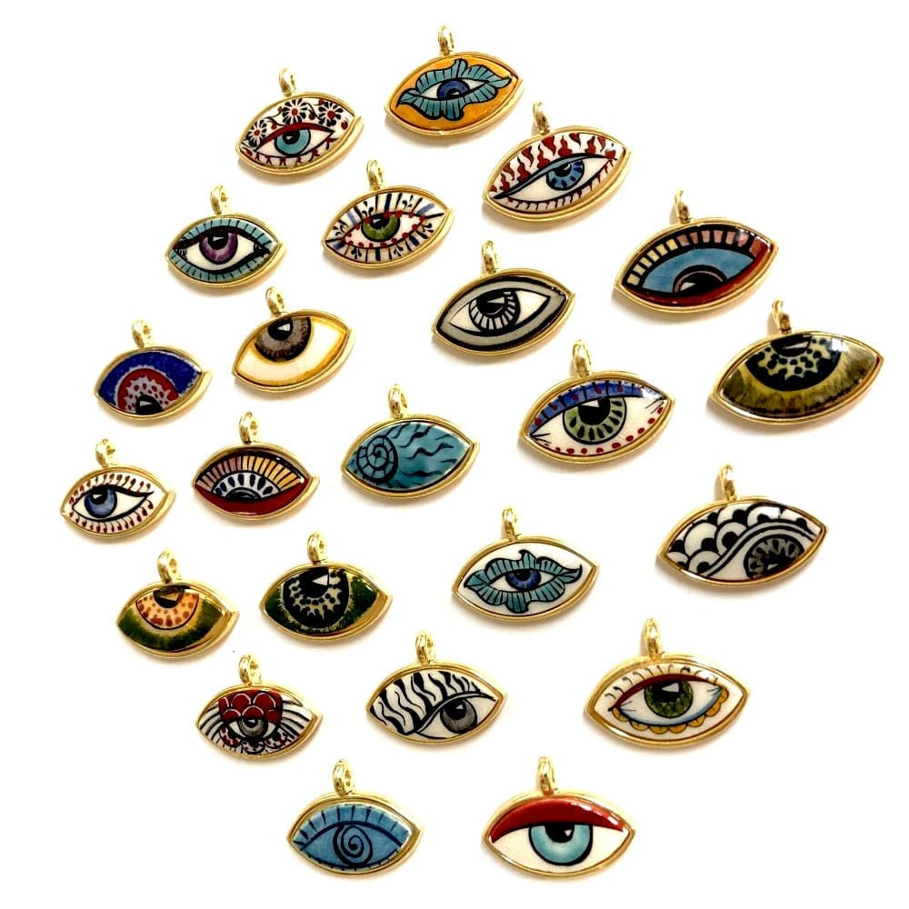 Large Gold Plated Framed Hand Painted Ceramic Eye Pendant-022
