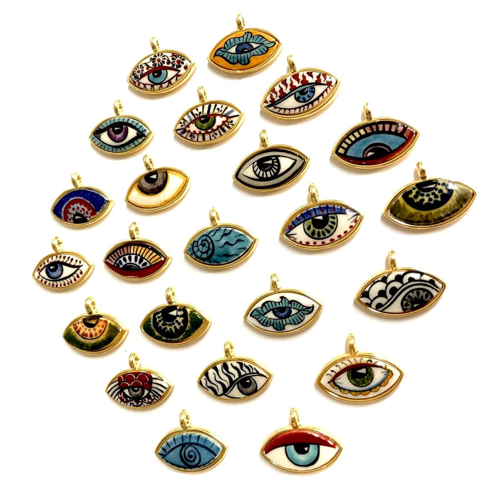 Large Gold Plated Framed Hand Painted Ceramic Eye Pendant-004