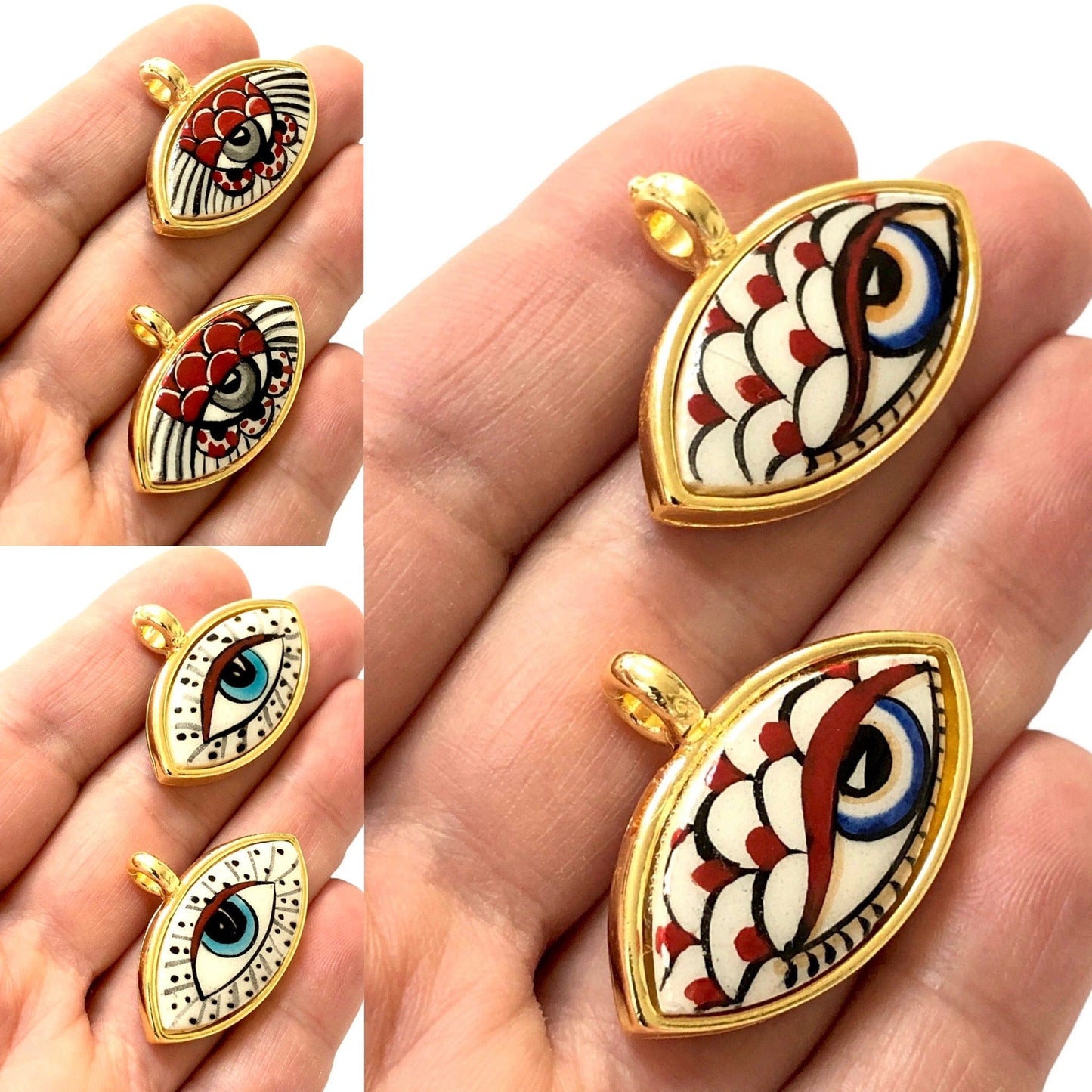 Large Gold Plated Framed Hand Painted Ceramic Eye Pendant-026