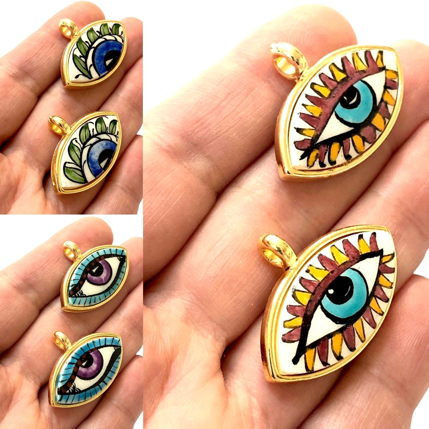 Large Gold Plated Framed Hand Painted Ceramic Eye Pendant-024