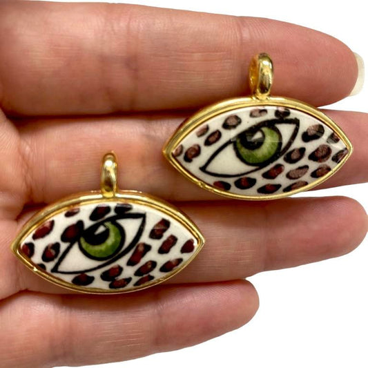 Large Gold Plated Framed Hand Painted Ceramic Eye Pendant-027