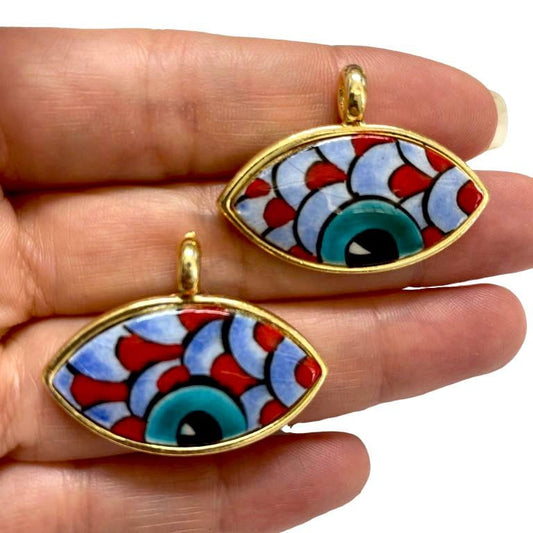 Large Gold Plated Framed Hand Painted Ceramic Eye Pendant-026