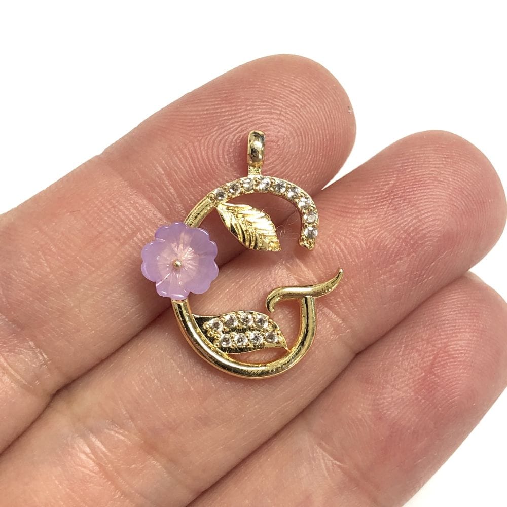 Gold Plated Zircon Stone Pearl Flower Letter Pendant - Lilac Mother of Pearl
