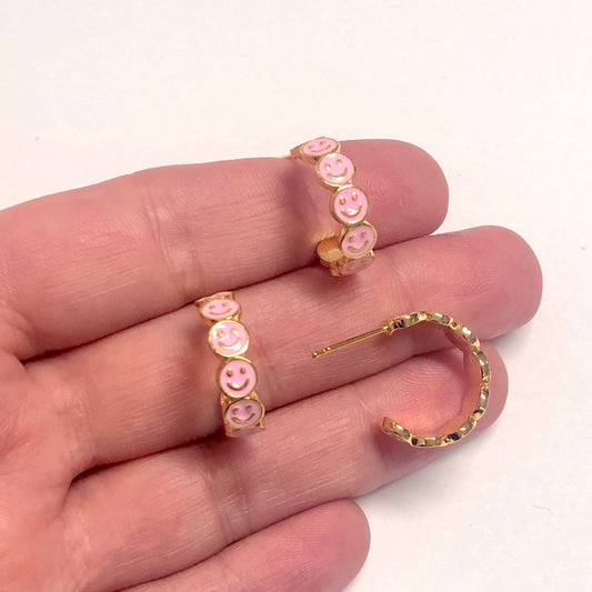 Vergoldete Emaille-Ohrringe mit lächelndem Gesicht - Rosa