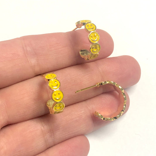 Vergoldete Emaille-Ohrringe mit lächelndem Gesicht - Gelb