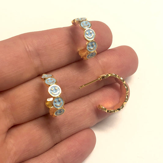 Altın Kaplama Mineli Gülen Yüz Küpe - Mavi