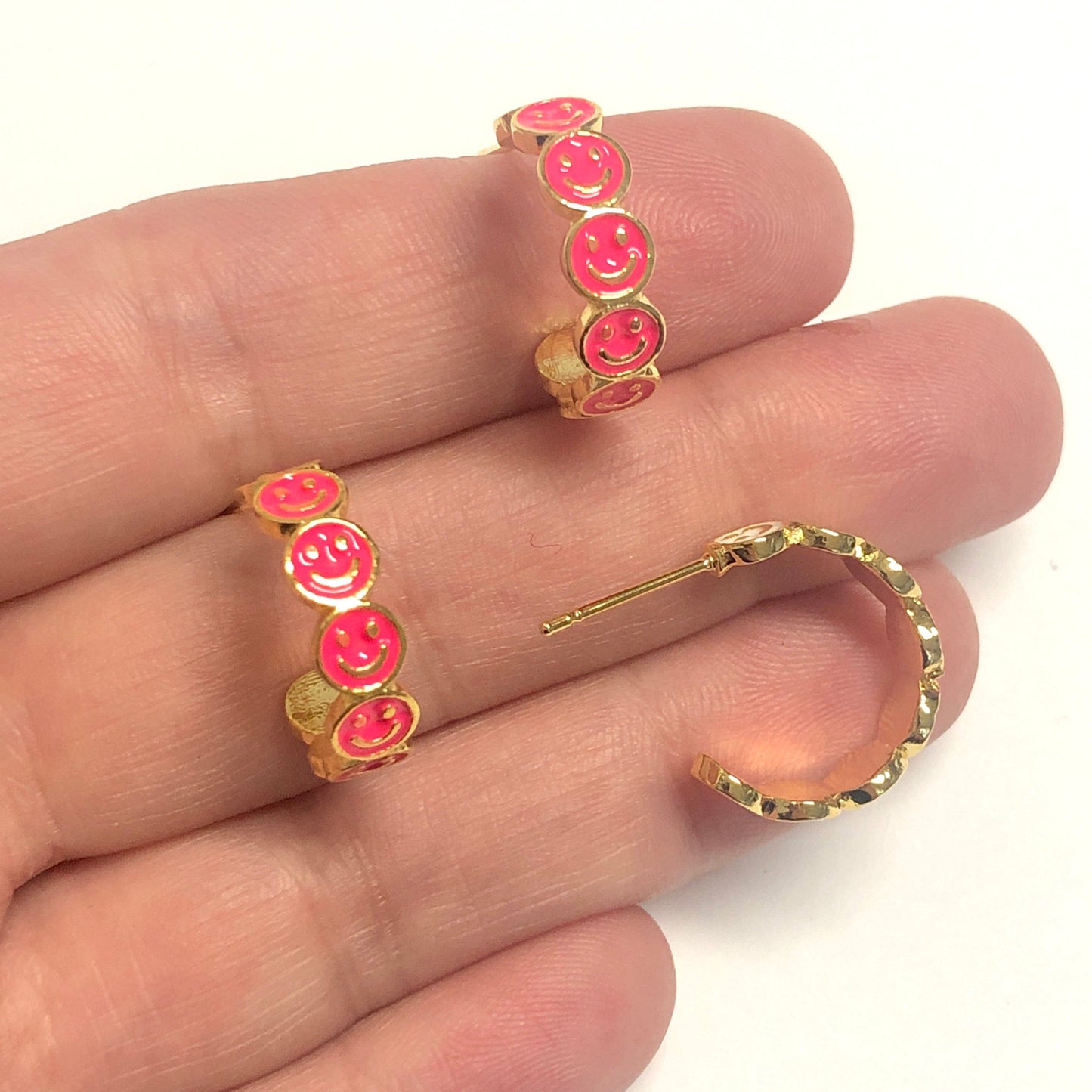 Gold Plated Enamel Smiling Face Earrings - Neon Pink
