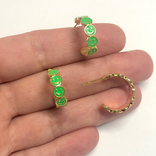 Altın Kaplama Mineli Gülen Yüz Küpe - Neon Yeşil