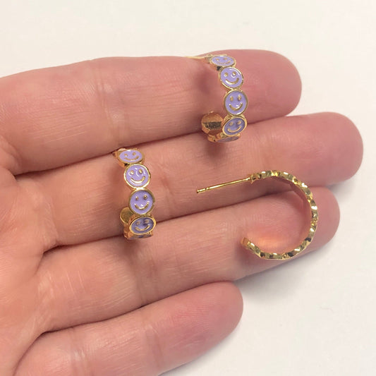 Altın Kaplama Mineli Gülen Yüz Küpe - Lila