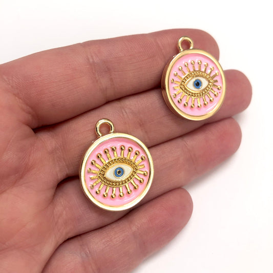 Gold Plated Enamel Eye Pendant- Pink
