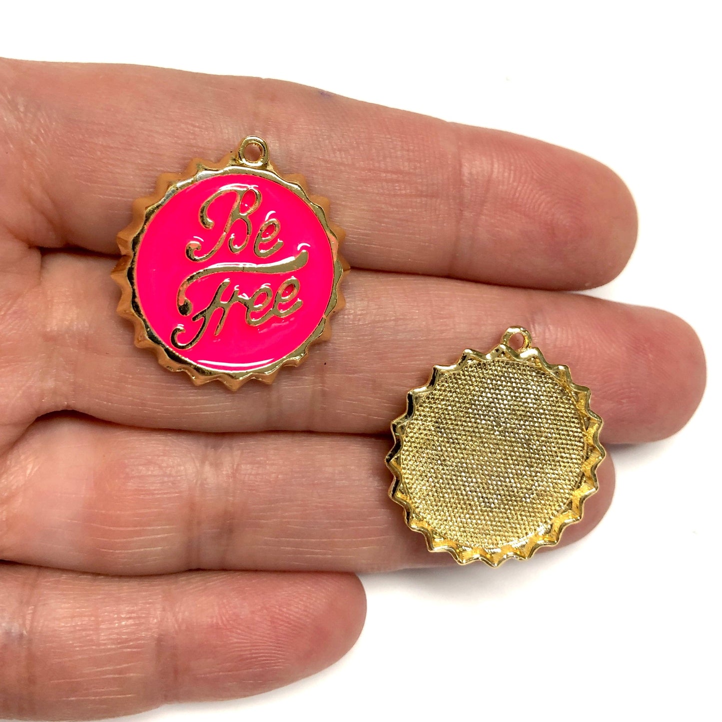 Gold Plated Neon Pink Enamel 'Be Free' Pendant