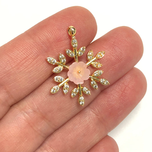 Gold Plated Zircon Stone Floral Snowflake Pendant - Pink