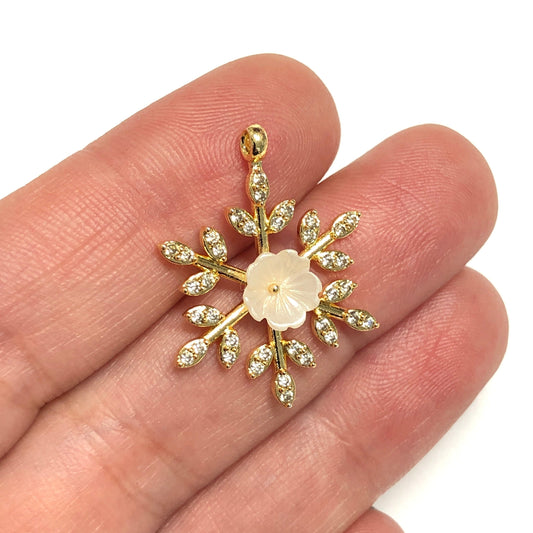 Gold Plated Zircon Stone Flower Snowflake Pendant - White