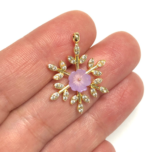 Gold Plated Zircon Stone Flower Snowflake Pendant - Lilac