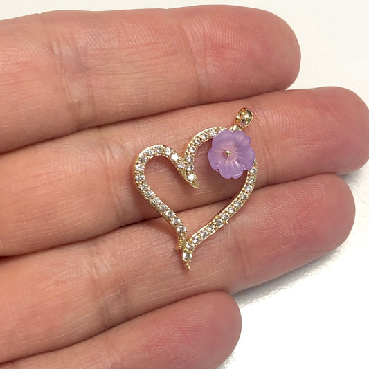 Gold Plated Zircon Stone Flower Heart Pendant - Lilac