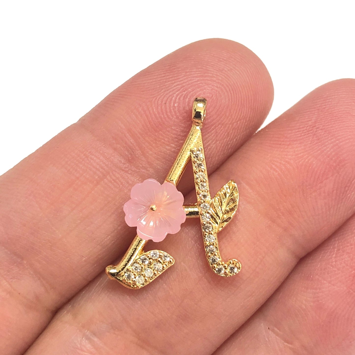 Gold Plated Zircon Stone Floral Letter Pendant - Pink