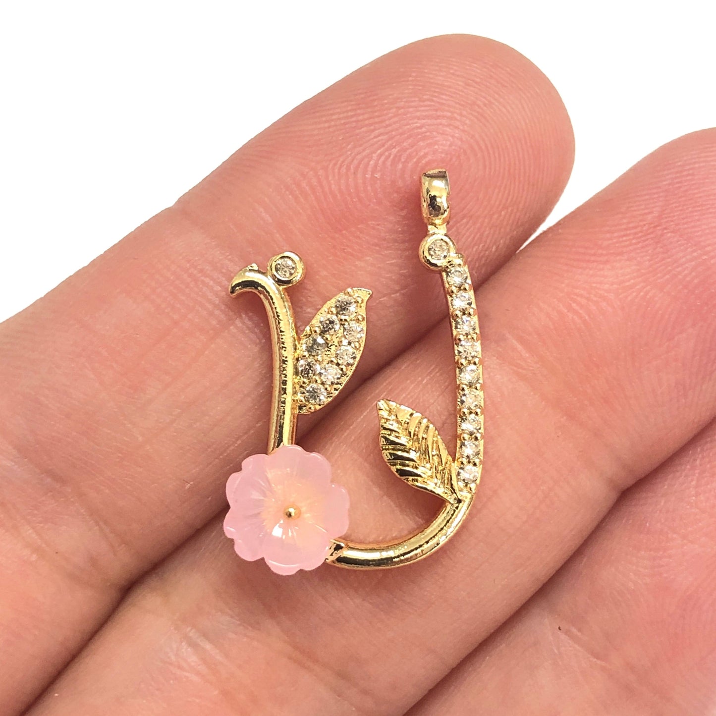 Gold Plated Zircon Stone Floral Letter Pendant - Pink