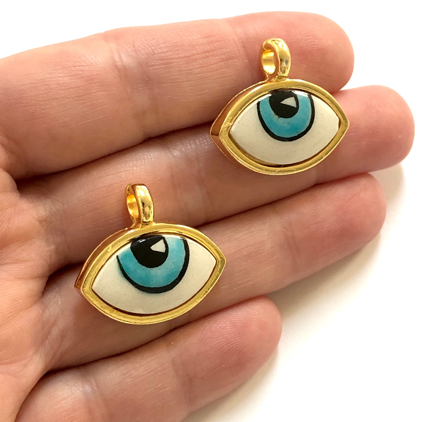 Gold Plated Framed Hand Painted Ceramic 25x24mm Eye Pendant-030