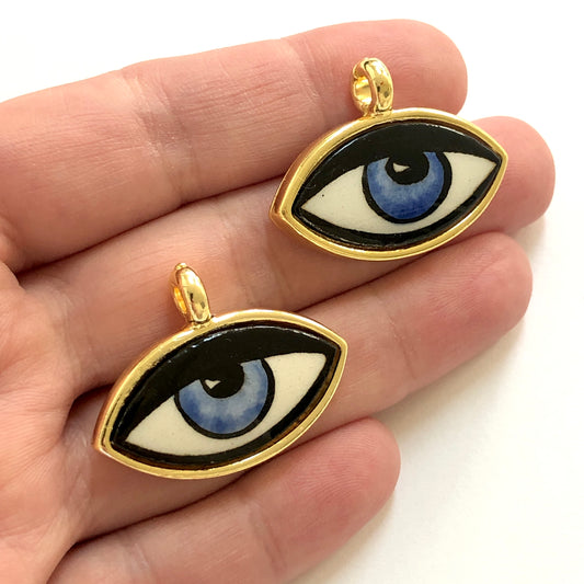Large Gold Plated Framed Hand Painted Ceramic Eye Pendant-033