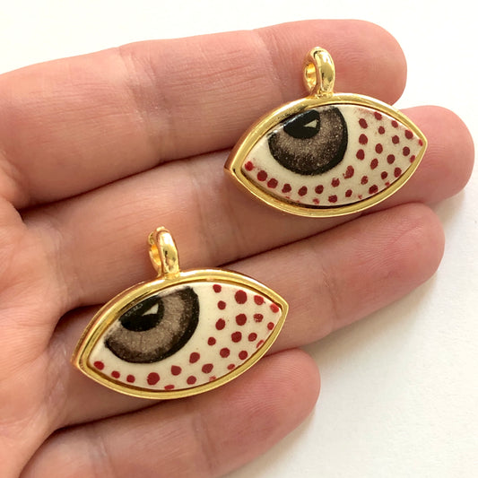 Large Gold Plated Framed Hand Painted Ceramic Eye Pendant-034