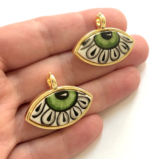 Large Gold Plated Framed Hand Painted Ceramic Eye Pendant-035