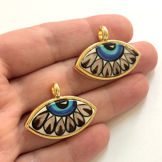 Large Gold Plated Framed Hand Painted Ceramic Eye Pendant-036