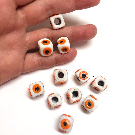 Küp Cam Nazar Boncuğu - Beyaz-Turuncu