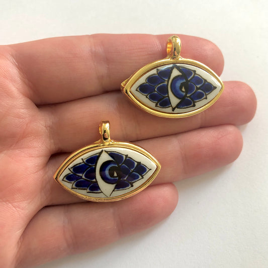 Gold Plated Framed Hand Painted Ceramic Eye Pendant-84