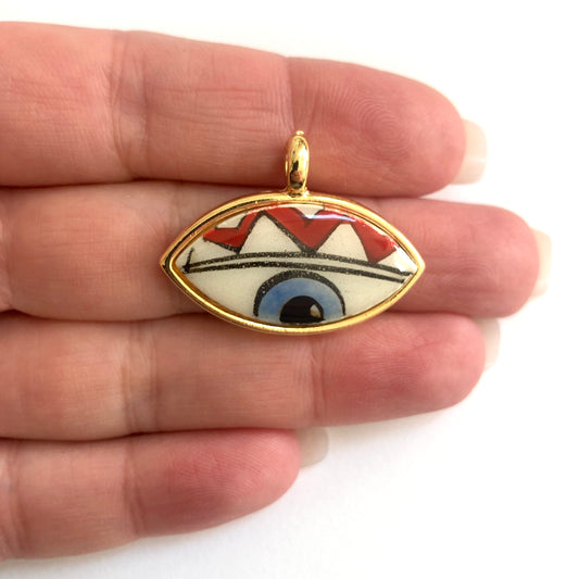 Gold Plated Framed Hand Painted Ceramic Eye Pendant-5