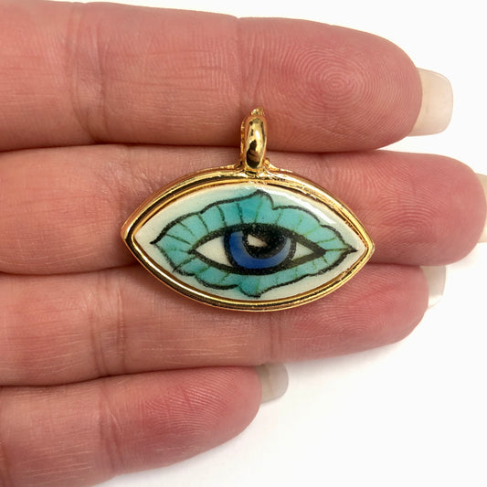 Large Gold Plated Framed Hand Painted Ceramic Eye Pendant-017