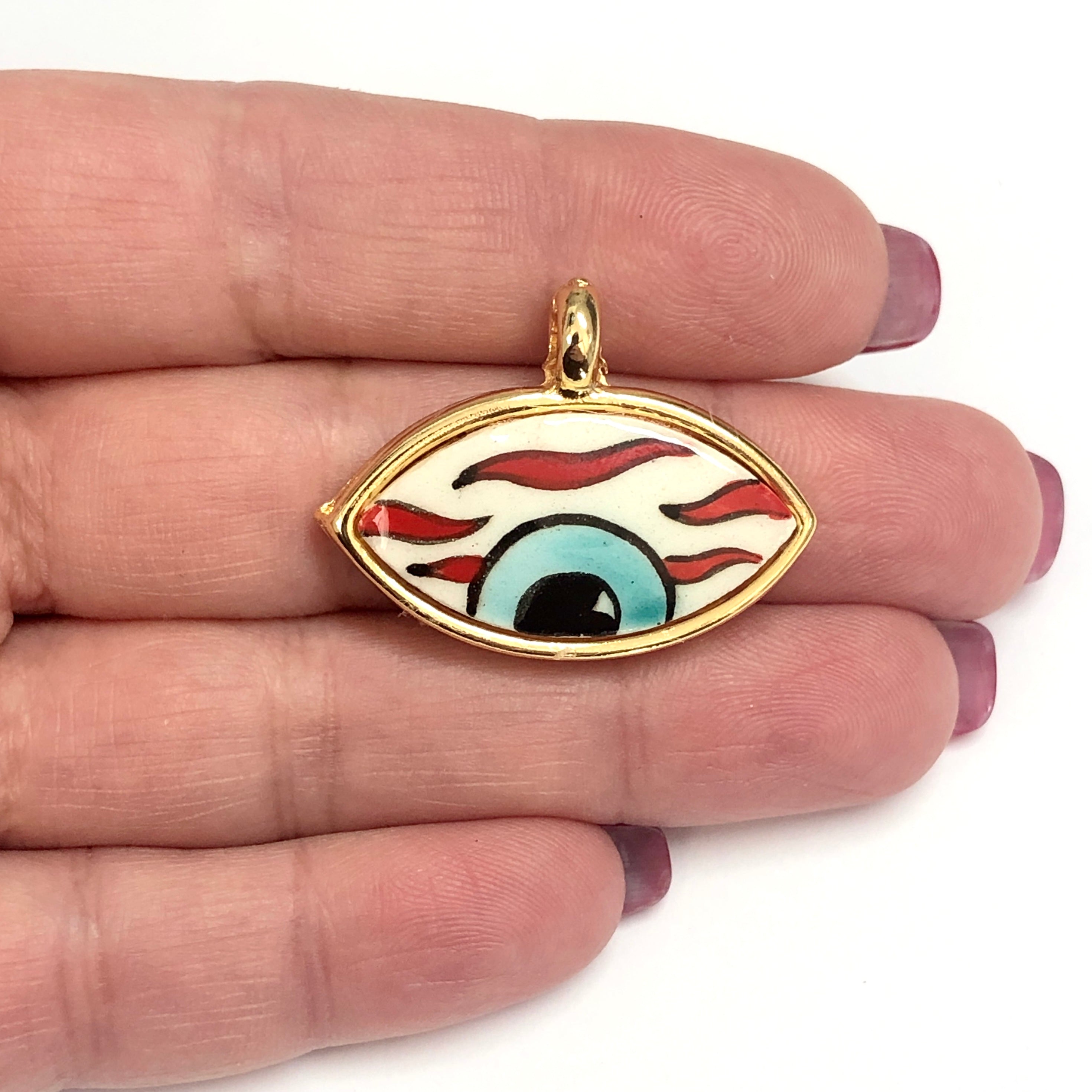 Gold Plated Framed Hand Painted Ceramic Eye Pendant5 PetekBoncuk