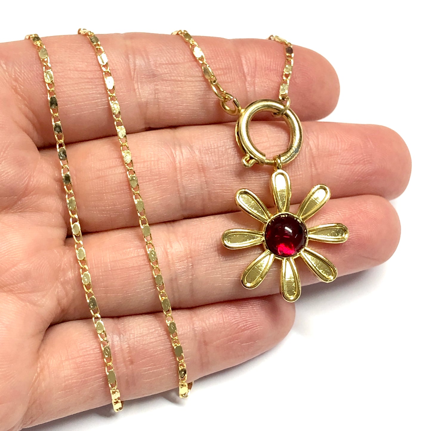 Gold Plated Gemstone Daisy Pendant - Red