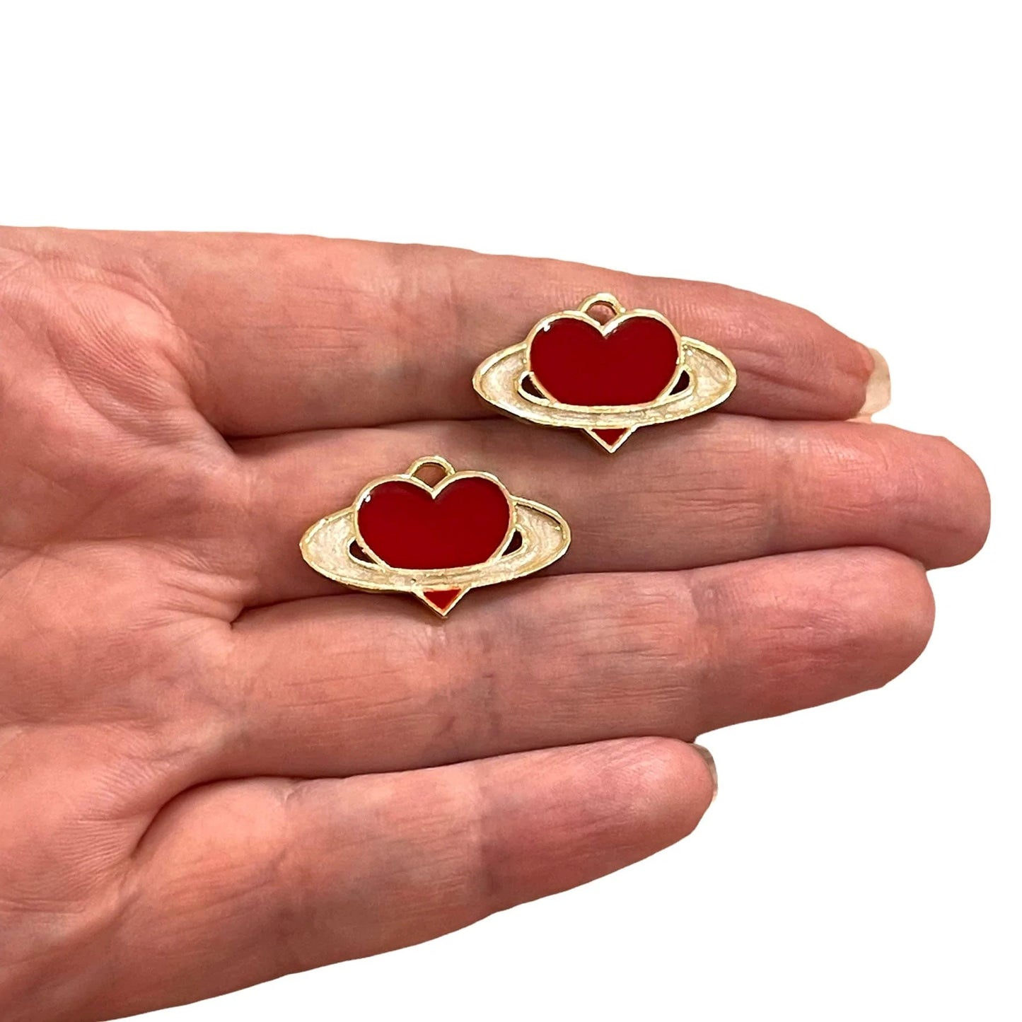 Gold Plated Enamel Saturn Heart - Red