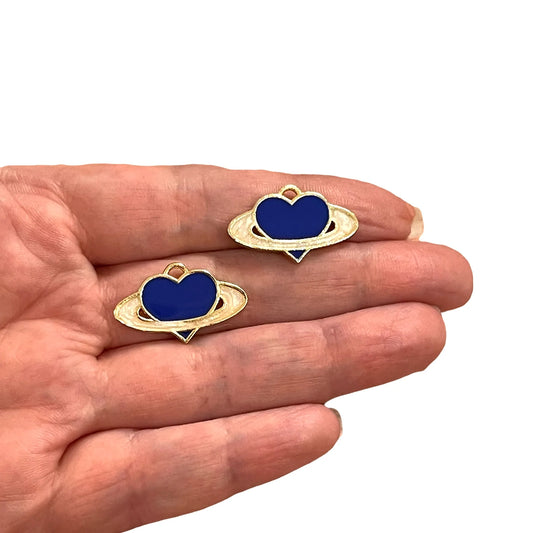 Gold Plated Enamel Saturn Heart - Navy Blue