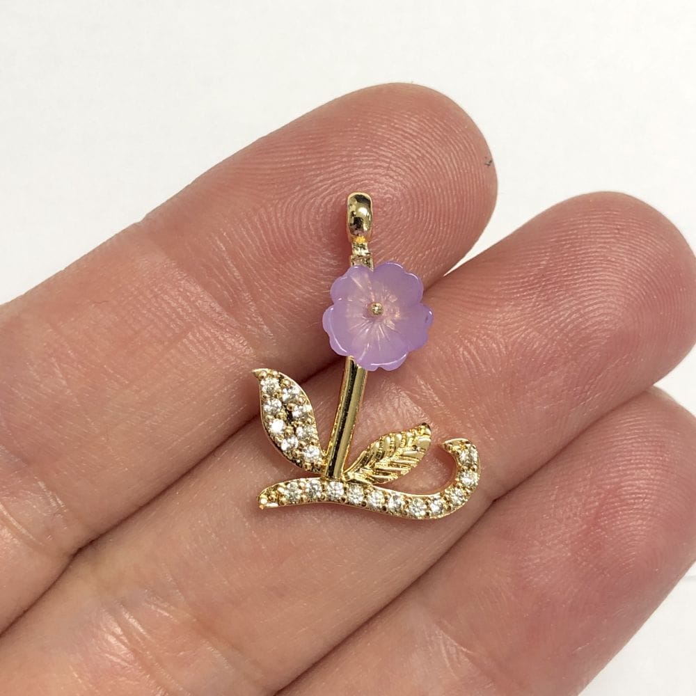 Gold Plated Zircon Stone Pearl Flower Letter Pendant - Lilac Mother of Pearl