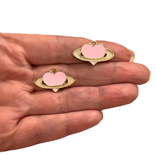 Gold Plated Enamel Saturn Heart - Pink