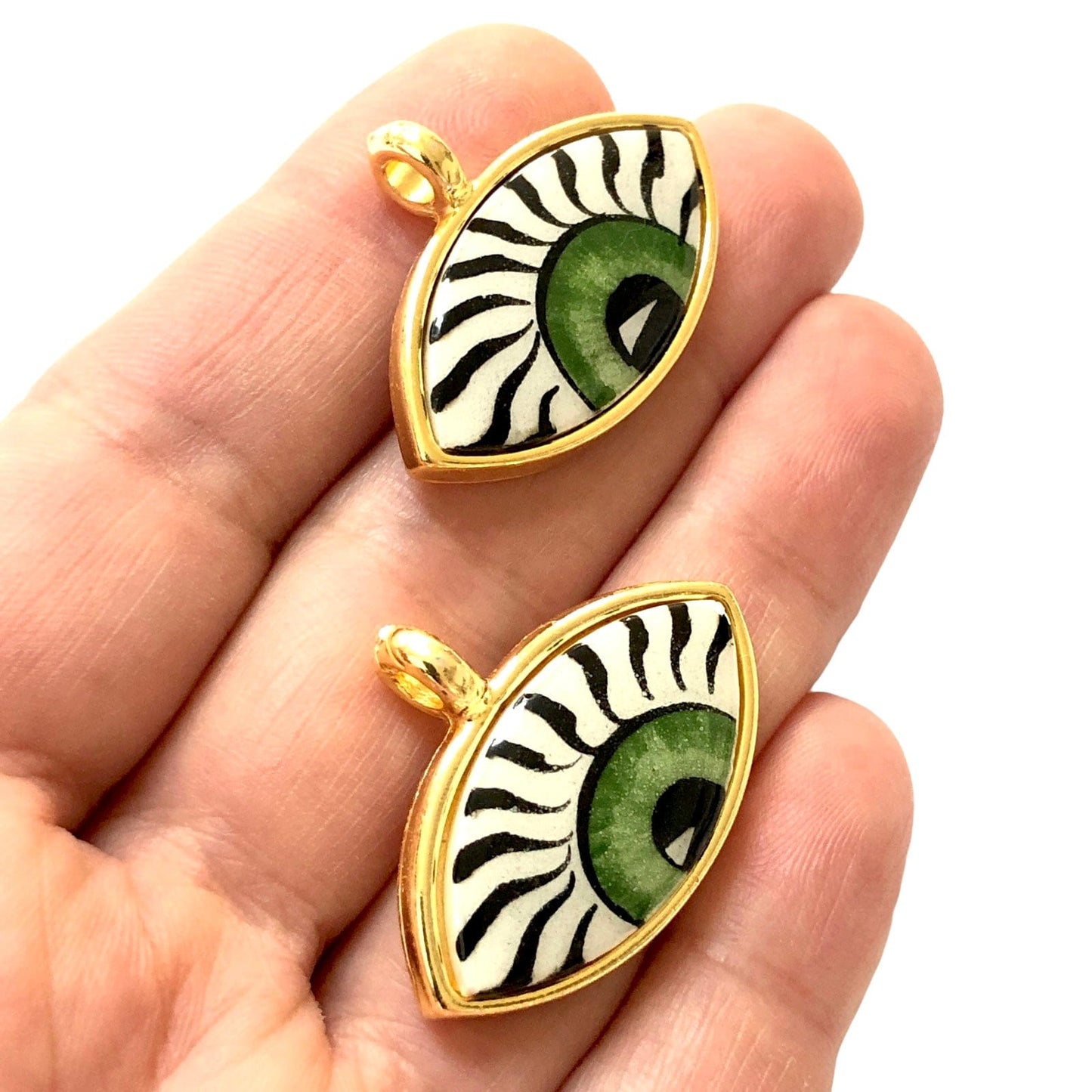 Large Gold Plated Framed Hand Painted Ceramic Eye Pendant-012