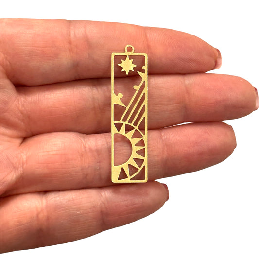 Ham Pirinç Yıldızlı Güneş Kolye Ucu (Raw Brass Sun and Stars Bar Charm,Laser Cut Sun and Stars Bar Charm)