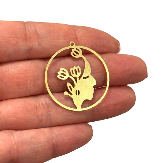Raw Brass Flower Girl (Raw Brass Face Abstract Charm,Laser Cut Face Abstract Charm)