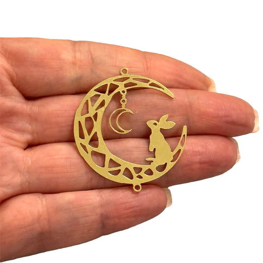 Ham Pirinç Tavşan ve Ay (Raw Brass Rabbit and Moon Charm, Laser Cut Rabbit and Moon Charm)