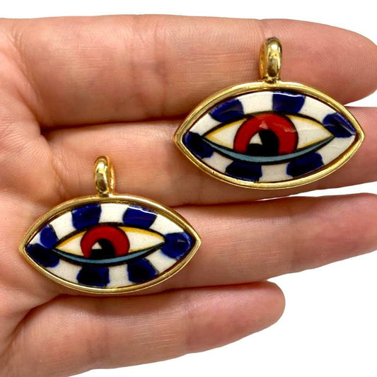 Large Gold Plated Framed Hand Painted Ceramic Eye Pendant-029