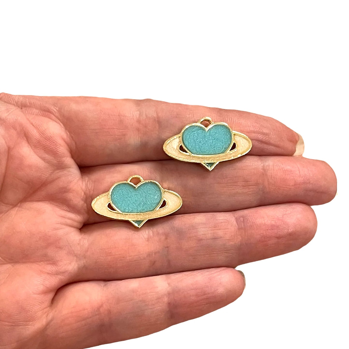 Gold Plated Enamel Saturn Heart - Turquoise