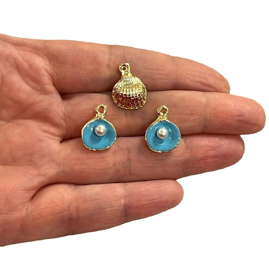 Vergoldete Emaille Single Pearl Oyster Medium - Blau