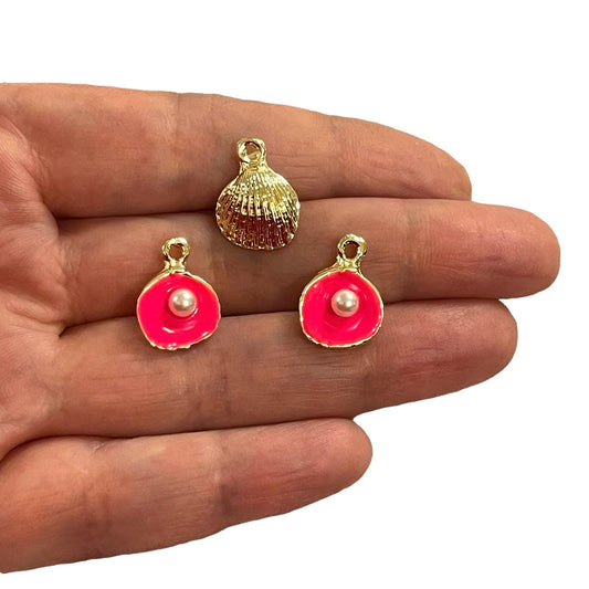 Gold Plated Enamel Single Pearl Oyster Medium - Neon Pink