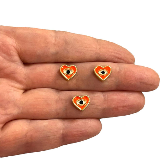 Gold Plated Enamel Double-Sided Heart Spacer - Neon Orange