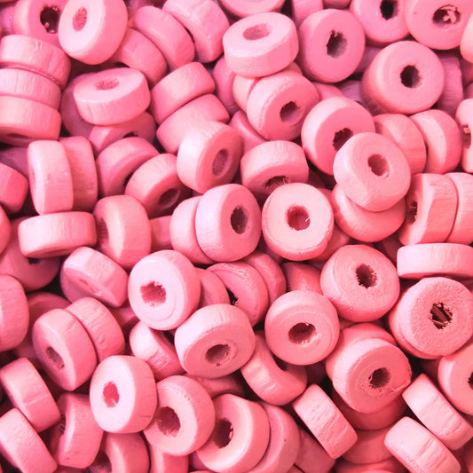8mm Rondel Wood Beads 33 - Fluorescent Pink