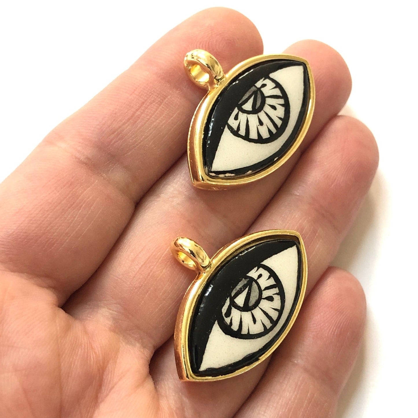 Large Gold Plated Framed Hand Painted Ceramic Eye Pendant-015