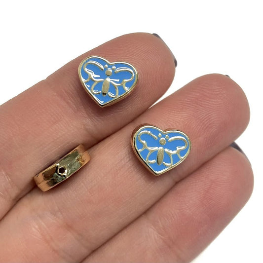 Gold Plated Enamel Heart Butterfly - Blue